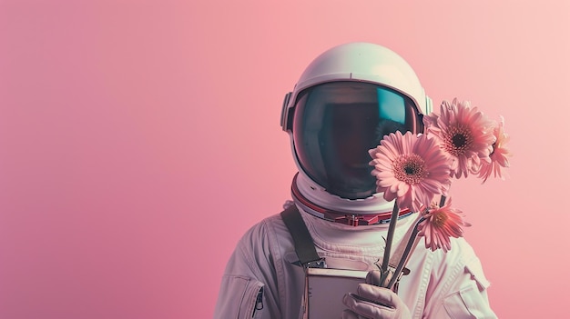 Astronaute avec un bouquet de fleurs sur un fond plat