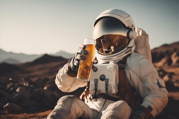 Un astronaute buvant de la bière sur une planète extraterrestre