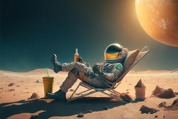 Un astronaute sur une chaise longue avec une bouteille de boisson rafraîchissante espace fauteuil coloré fond d'écran vêtements boisson relaxation équipement du sol technologie solaire concept de science-fiction AI