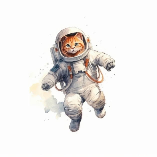 Astronaute chat en combinaison spatiale isolé sur fond blanc Illustration à l'aquarelle