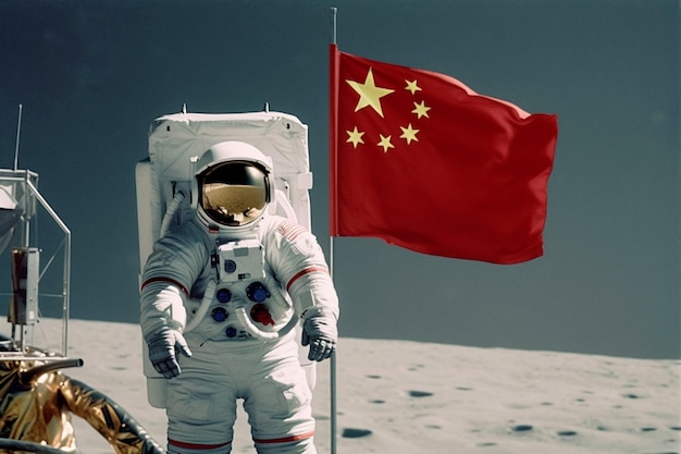 Astronaute chinois sur la lune avec un drapeau