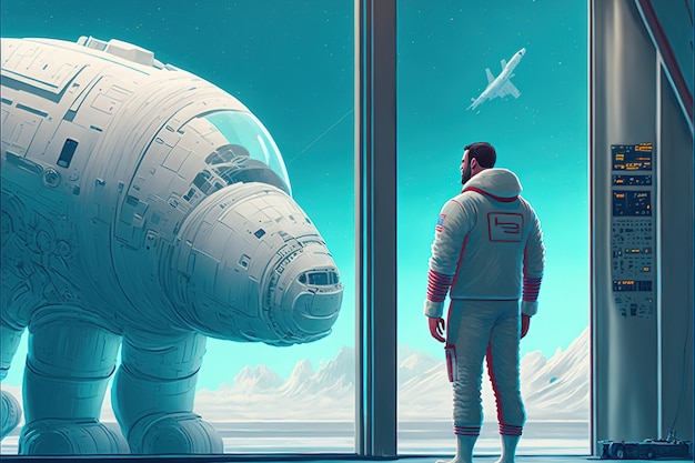 Astronaute combattant avec le géant L'astronaute regardant le géant futuriste Peinture d'illustration de style d'art numérique