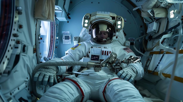 Astronaute en combinaison spatiale assis dans un vaisseau spatial L'astronaute porte un casque et des gants et est entouré de panneaux de contrôle