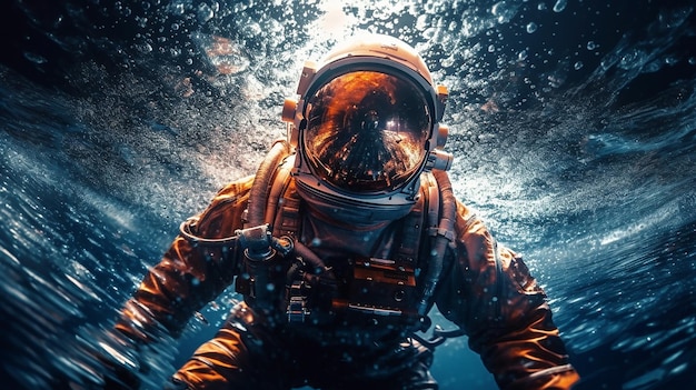 Un astronaute en combinaison spatiale est sous l'eau.