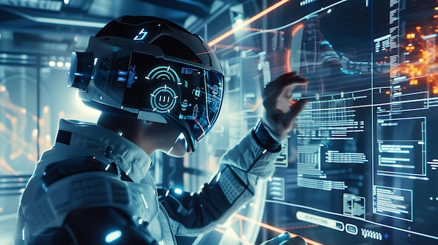 Photo astronaute en combinaison spatiale futuriste et casque avec visière utilisant une interface informatique futuriste transparente avec des lignes lumineuses de code et de données