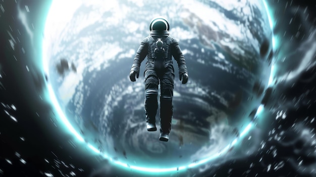 un astronaute avec une combinaison spatiale noire sombre regardant une planète géante en arrière-plan de la couverture d'un film de science-fiction