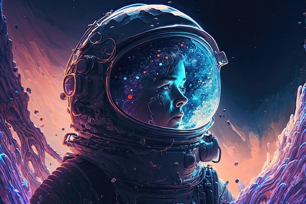 Astronaute en combinaison spatiale parmi le magnifique cosmos artistique sur une autre planète