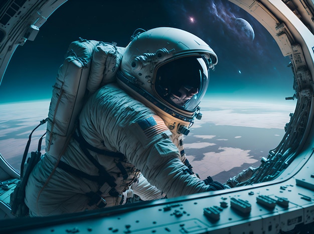 Un astronaute en combinaison spatiale regarde par la fenêtre Ai générative