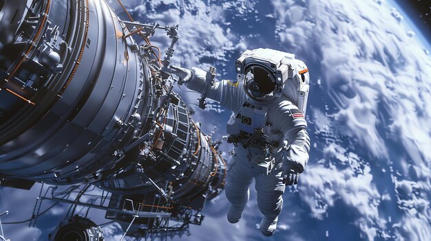 Photo astronaute en combinaison spatiale travaillant sur une station spatiale navire spatial et planète terre en arrière-plan éléments de cette image fournis par la nasa