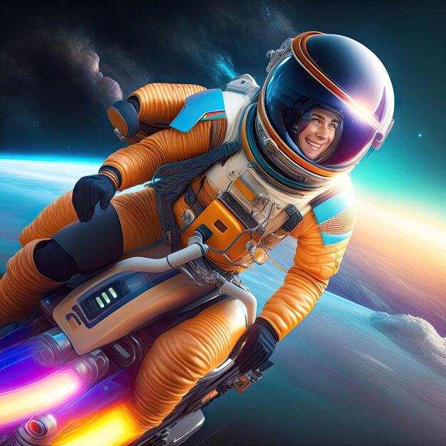 Astronaute conduisant une moto dans l'illustration 3d de l'espace