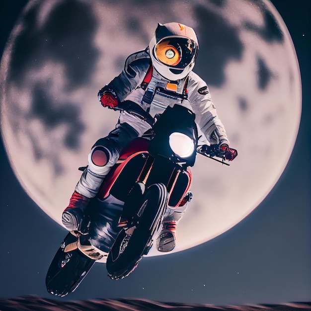 Astronaute conduisant une moto dans l'illustration de la lune