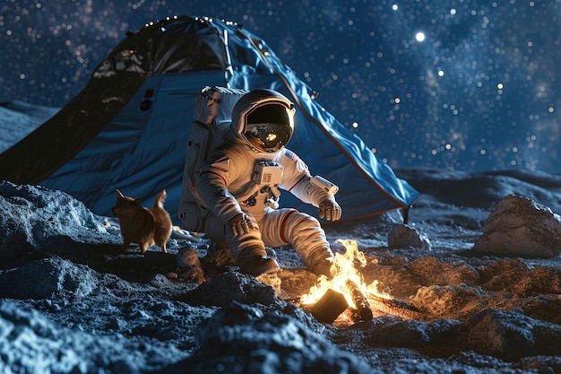 astronaute en costume spatial campant avec son chien sur la lune près d'une tente et d'une cheminée