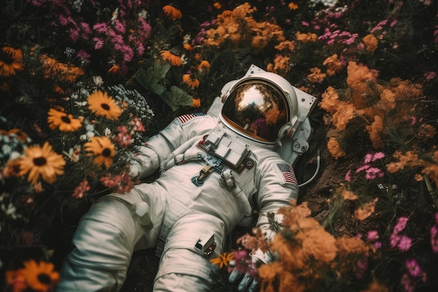 Astronaute couché sur le dos dans un champ de fleurs regardant les étoiles