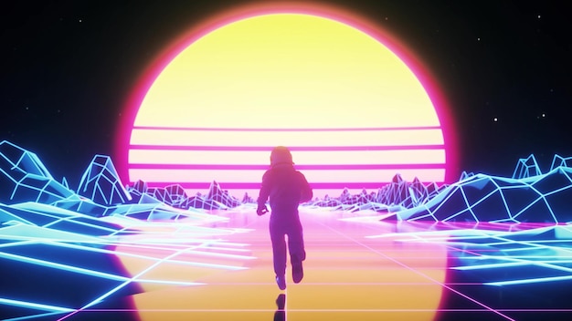 L'astronaute court entouré de néons clignotants Illustration 3d de fond de synthwave de style rétro des années 80