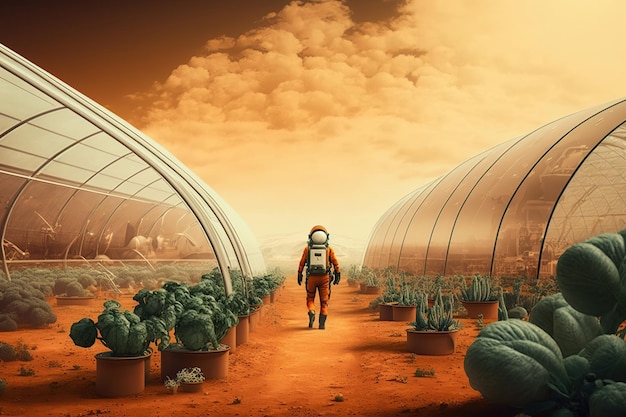 Photo l'astronaute cultive des plantes en serre sur l'image fantastique futuriste de mars