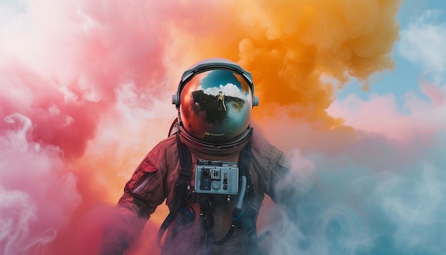 Un astronaute dans un casque spatial au milieu d'une fumée colorée