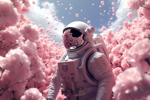 un astronaute dans un champ de fleurs entouré de fleurs roses