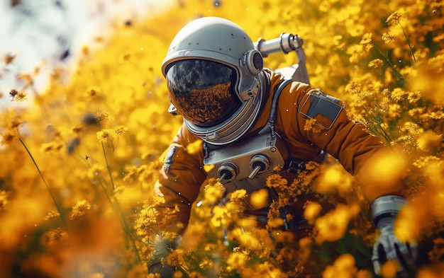 Un astronaute dans un champ de fleurs avec le mot amour dessus