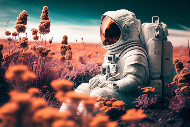 Astronaute dans un champ de fleurs planetgenerative ai