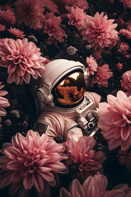 Astronaute dans un champ de fleurs