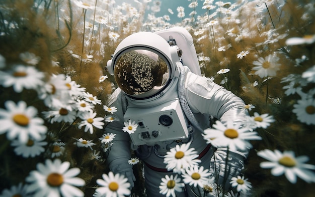 Astronaute dans un champ de fleurs