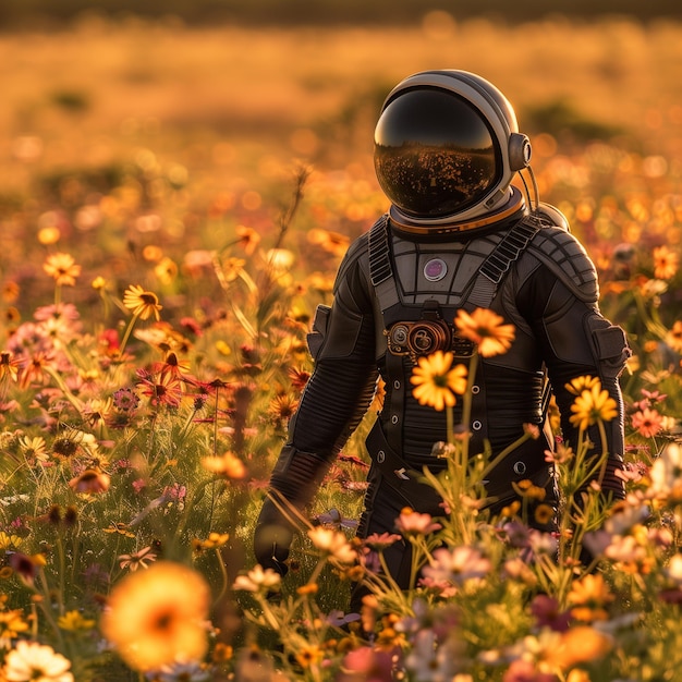 Un astronaute dans une combinaison spatiale noire au milieu d'un champ de fleurs