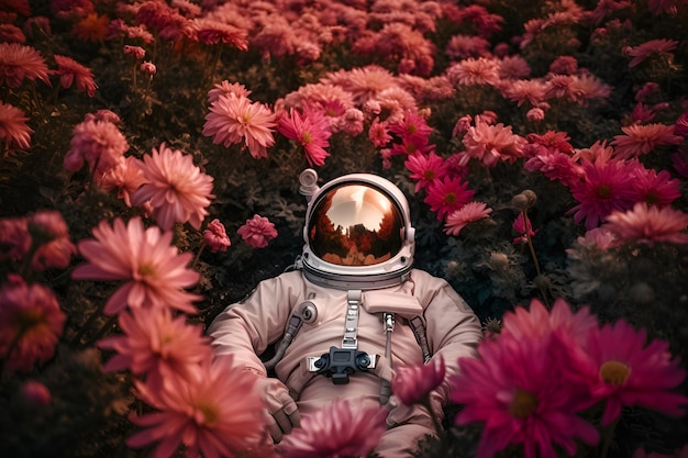 Un astronaute dans une combinaison spatiale parmi des fleurs de dahlia roses Generative AI 2