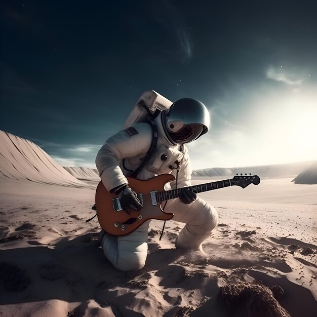 Astronaute dans le désert avec rendu 3d de guitare électrique