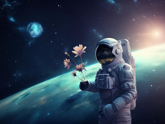 Astronaute dans l'espace extra-atmosphérique avec un bouquet de fleurs généré par l'IA