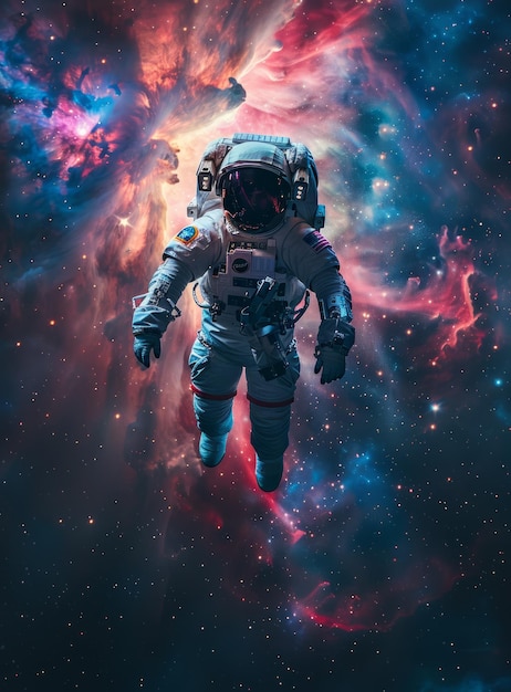 Un astronaute dans l'espace avec une nébuleuse colorée