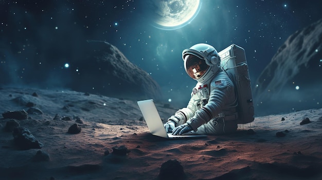 Astronaute dans l'espace avec un ordinateur portable