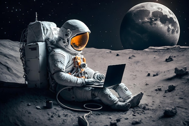 Astronaute dans l'espace travaillant sur un ordinateur portable Réseau de neurones généré par l'IA