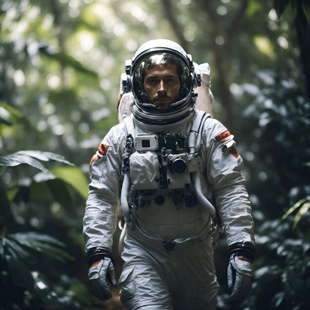 Photo un astronaute dans la jungle