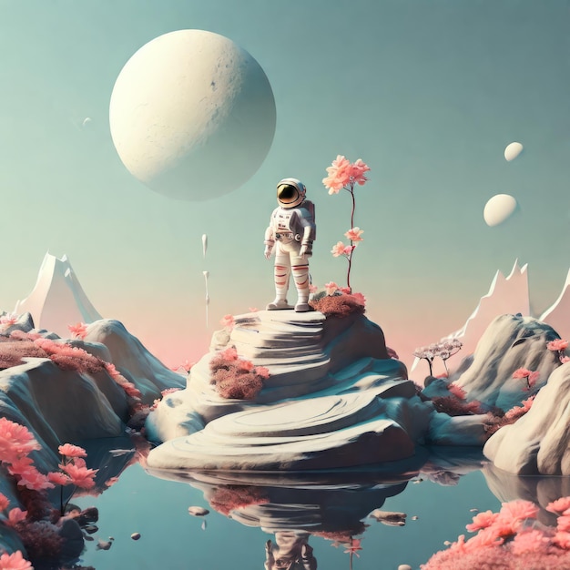 astronaute dans le paysage extérieur rendu en 3D