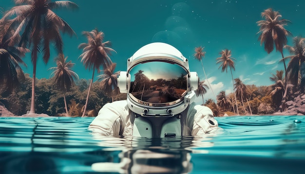 Photo astronaute dans les tropiques en mer dans le concept de printemps de couleur néon