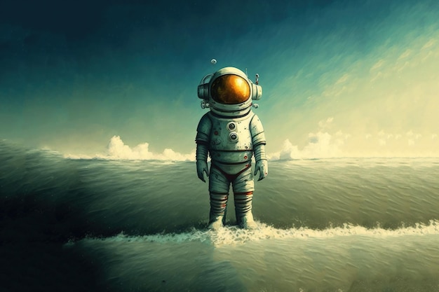Astronaute debout dans la mer étrange et regardant la planète dans le ciel illustration de style d'art numérique peinture illustration fantastique d'un astronaute dans la mer