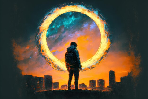 Astronaute debout dans une ville brûlée et regardant un anneau lumineux jaune dans le ciel sombre illustration de style d'art numérique peinture concept fantastique d'un astronaute debout dans une ville brûlée