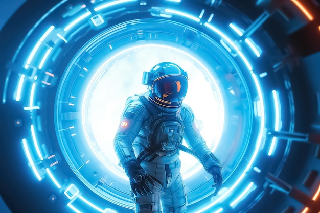 Astronaute debout devant un mystérieux portail de porte ouverte vers un autre monde AI