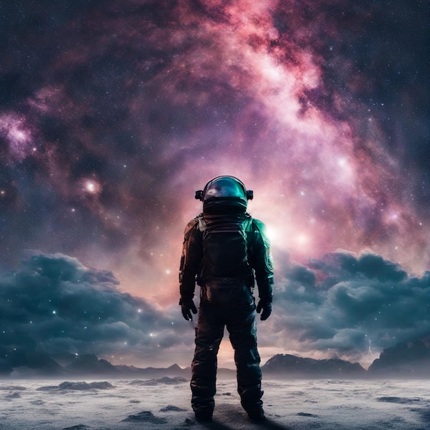 Astronaute debout et regardant la beauté de la galaxie