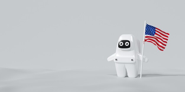 Astronaute de dessin animé mignon robot 3d sur fond blanc. Bot tenant le drapeau américain.