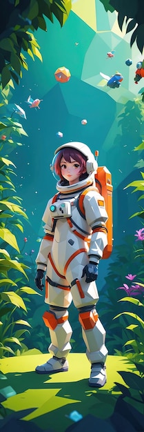 Astronaute de dessins animés dans la forêt profonde personnage de dessin animé de fille portant une combinaison spatiale rendu 3D