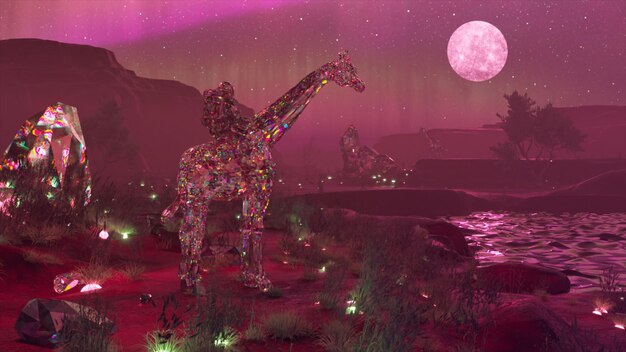 L'astronaute Diamond chevauchant une girafe se tient près d'un étang Couleur néon violet Lune dans le ciel nocturne