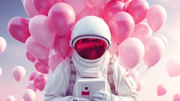 Astronaute entouré de ballons en forme de cœur dans un environnement rose surréaliste Concept de la Saint-Valentin AI générative