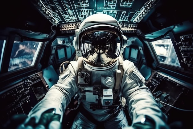 Un astronaute est assis dans un vaisseau spatial