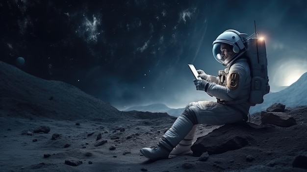 Photo un astronaute est assis sur la lune et envoie des messages à ses amis et à sa famille via son smartphone.