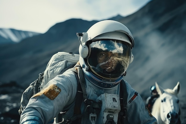 Photo un astronaute est à cheval sur la surface de la lune