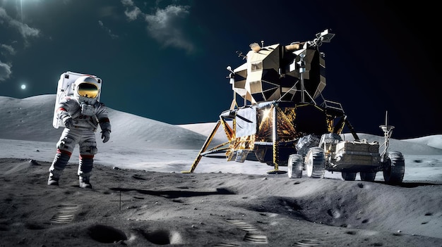 Astronaute d'exploration lunaire et station sur la lune