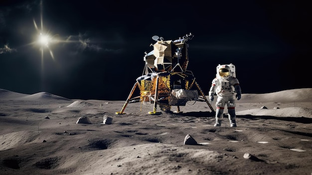 Astronaute d'exploration lunaire et station sur la lune