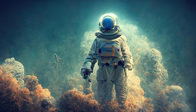 L'astronaute explore une planète extraterrestre. Science fiction. Rendu 3D.