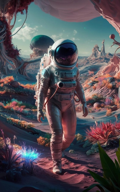 Photo un astronaute explore une planète vibrante et exotique.